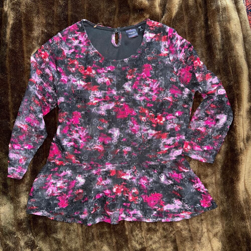 Rafaella L Magenta/Black Abstract Print Mesh Lace Overly with Peplum‎ Lined Top